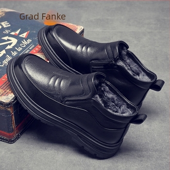 Ghete de zăpadă de iarnă cu talpă antiderapantă din cauciuc, căptușite cu fleece, izolație groasă, fermoar lateral, partea superioară din piele split