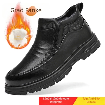 Ghete de zăpadă de iarnă cu talpă antiderapantă din cauciuc, căptușite cu fleece, izolație groasă, fermoar lateral, partea superioară din piele split