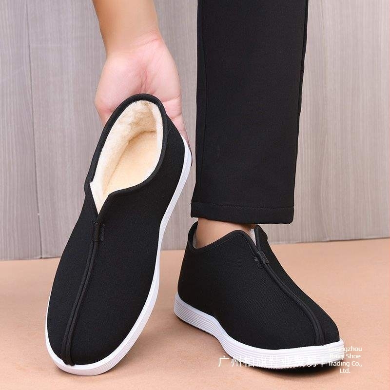 Papuci de casă pentru bărbați iarnă, căptușeală din lână de oaie, partea superioară din material nețesut, talpă din cauciuc – talpă plată