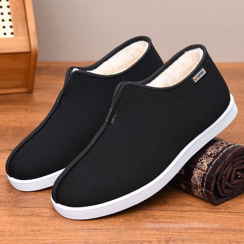 Papuci de casă pentru bărbați iarnă, căptușeală din lână de oaie, partea superioară din material nețesut, talpă din cauciuc – talpă plată