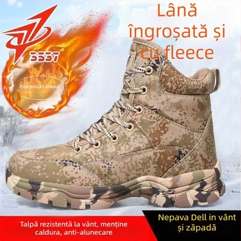 Cizme de iarnă pentru bărbați, cu partea superioară din blană integrată, căptușire din lână, talpă din cauciuc antiderapant, model camuflaj, închidere cu șiret în față