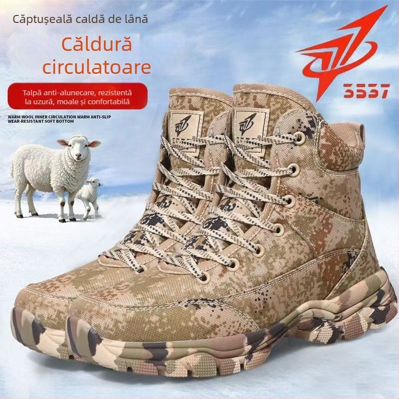 Cizme de iarnă pentru bărbați, cu partea superioară din blană integrată, căptușire din lână, talpă din cauciuc antiderapant, model camuflaj, închidere cu șiret în față
