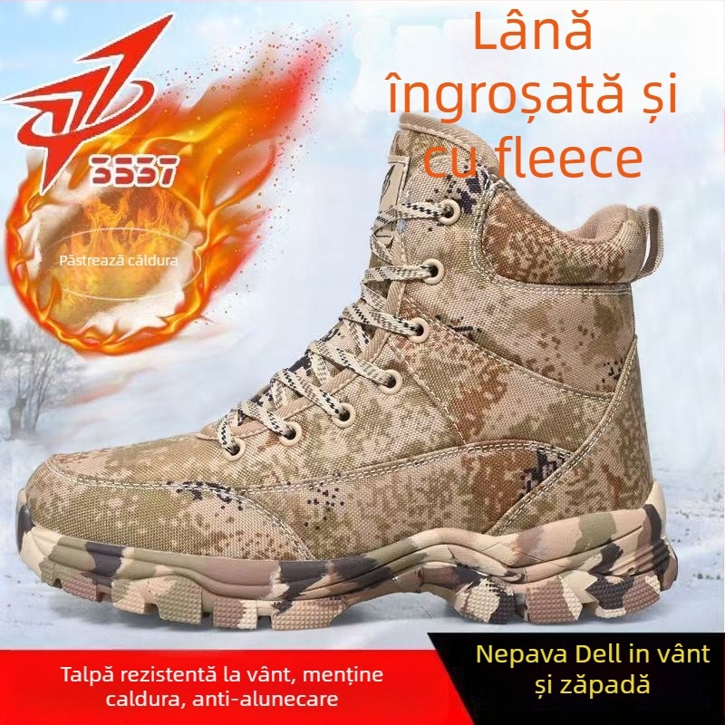 Cizme de iarnă pentru bărbați, cu partea superioară din blană integrată, căptușire din lână, talpă din cauciuc antiderapant, model camuflaj, închidere cu șiret în față