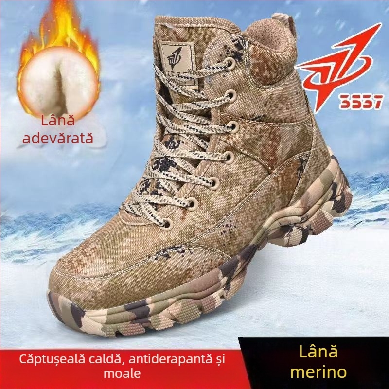 Cizme de iarnă pentru bărbați, cu partea superioară din blană integrată, căptușire din lână, talpă din cauciuc antiderapant, model camuflaj, închidere cu șiret în față