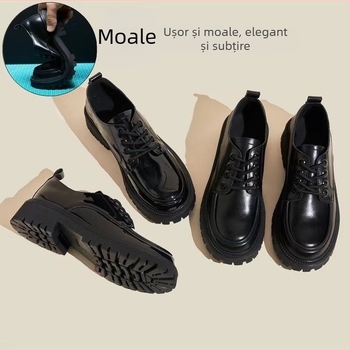 Loaferi din piele pentru femei, toc gros, vârf rotund, piele de vițea dublă, branț EVA, talpă din cauciuc