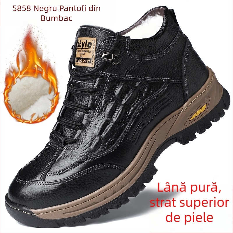 Pantofi de iarnă pentru bărbați din piele naturală, partea superioară din piele de vițel, căptușeală din lână, model crocodil, talpă din cauciuc