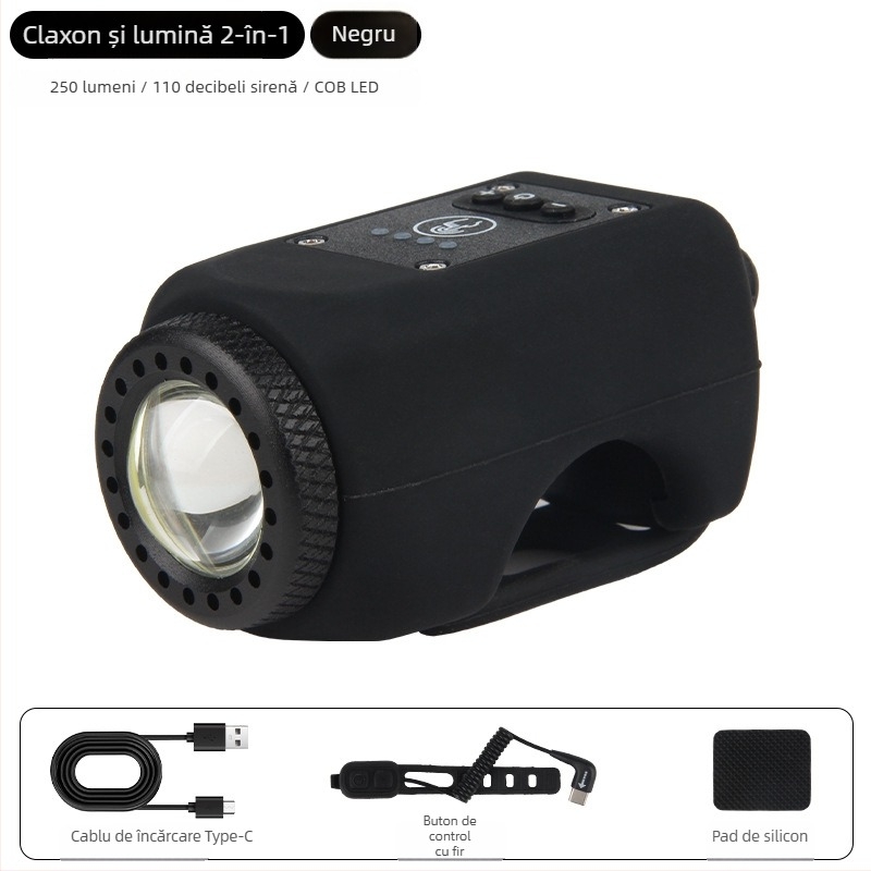 Lumină frontală pentru bicicletă cu horn USB încărcabil, sonerie pentru copii, lanternă, echipament impermeabil MTB