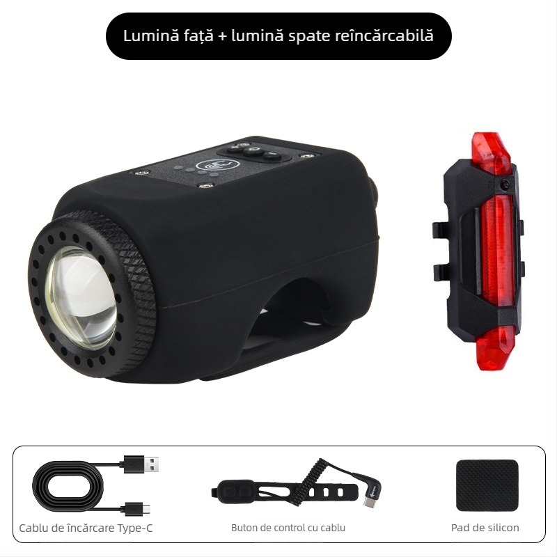 Lumină frontală pentru bicicletă cu horn USB încărcabil, sonerie pentru copii, lanternă, echipament impermeabil MTB