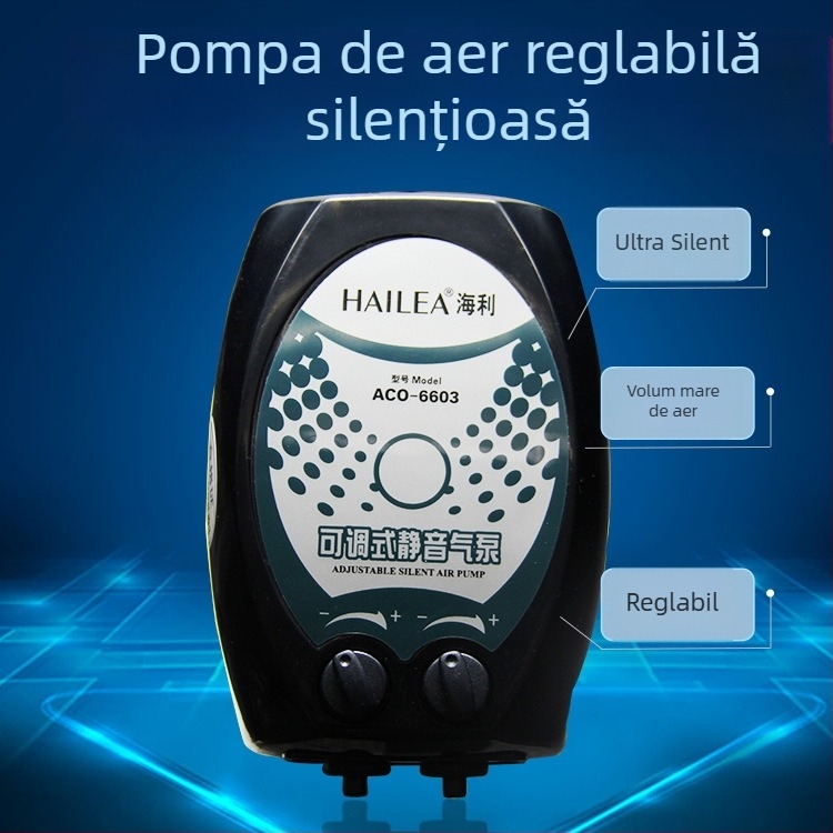 Pompa de oxigen pentru acvariu — silențioasă, cu două găuri, reglabilă; Hailey ACO-6604, greutate 40
