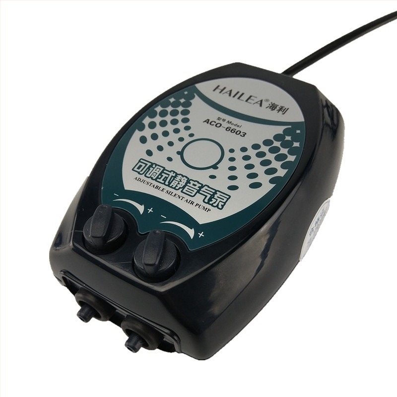 Pompa de oxigen pentru acvariu — silențioasă, cu două găuri, reglabilă; Hailey ACO-6604, greutate 40