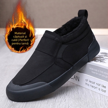 Papuci de iarnă pentru bărbați, slip-on, cu căptușeală fleece și talpă din cauciuc