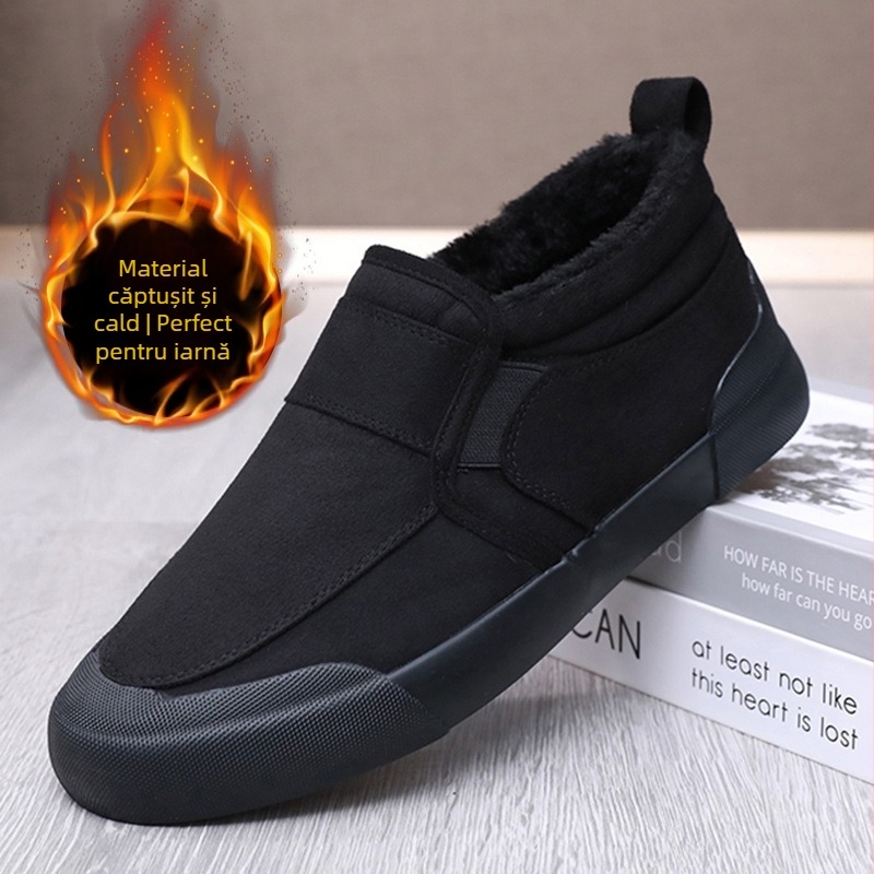 Papuci de iarnă pentru bărbați, slip-on, cu căptușeală fleece și talpă din cauciuc