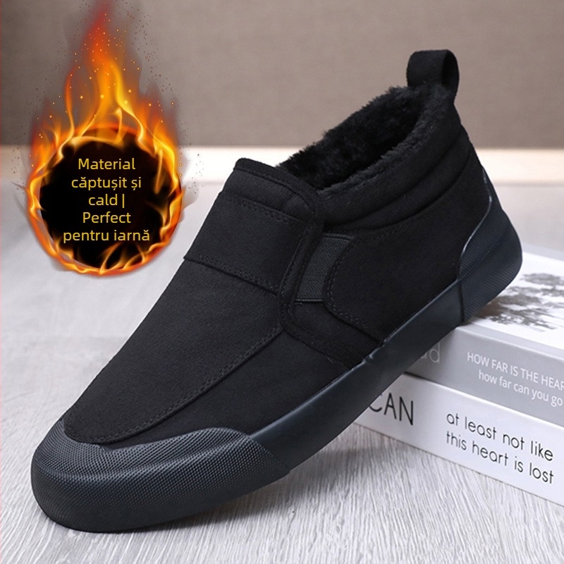 Papuci de iarnă pentru bărbați, slip-on, cu căptușeală fleece și talpă din cauciuc