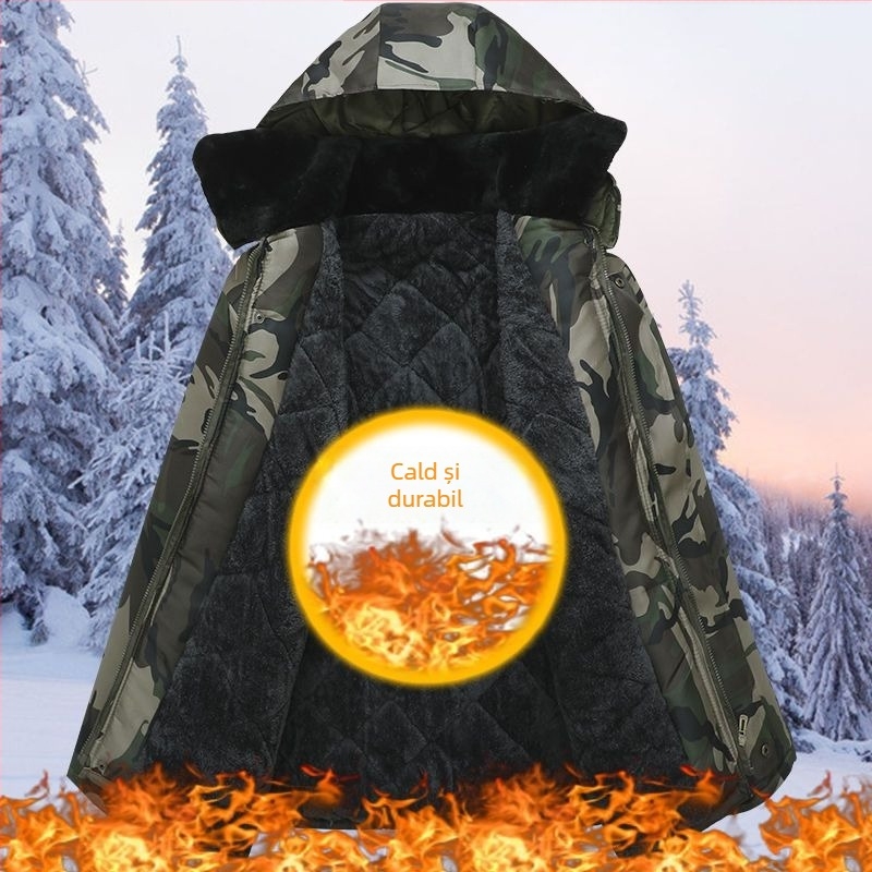 Palton camuflat din bumbac cu căptușeală fleece, lungime medie, jachetă de lucru pentru băieți