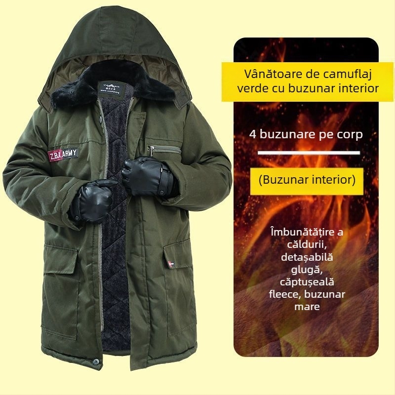 Palton camuflat din bumbac cu căptușeală fleece, lungime medie, jachetă de lucru pentru băieți