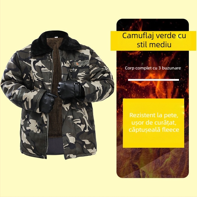 Palton camuflat din bumbac cu căptușeală fleece, lungime medie, jachetă de lucru pentru băieți