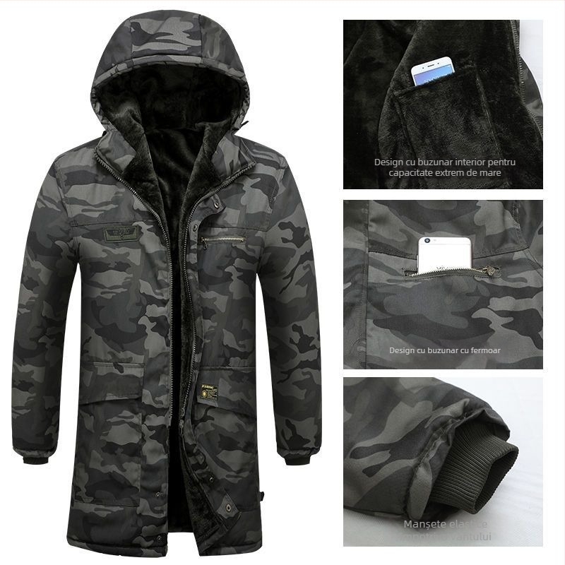 Palton camuflat din bumbac cu căptușeală fleece, lungime medie, jachetă de lucru pentru băieți