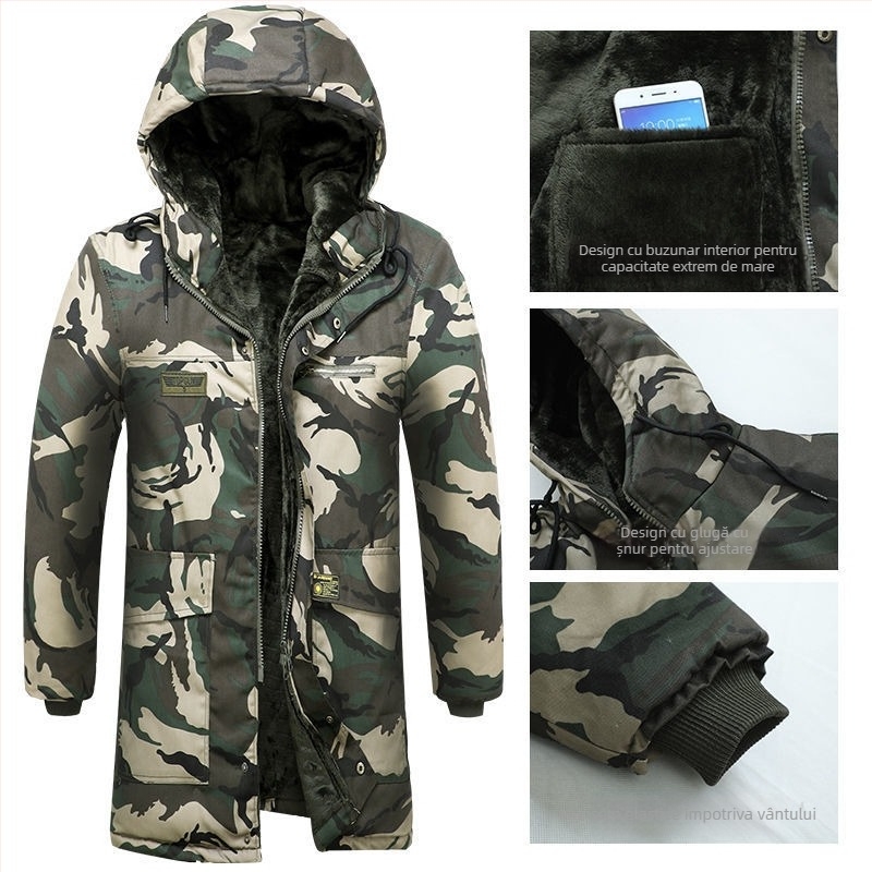 Palton camuflat din bumbac cu căptușeală fleece, lungime medie, jachetă de lucru pentru băieți