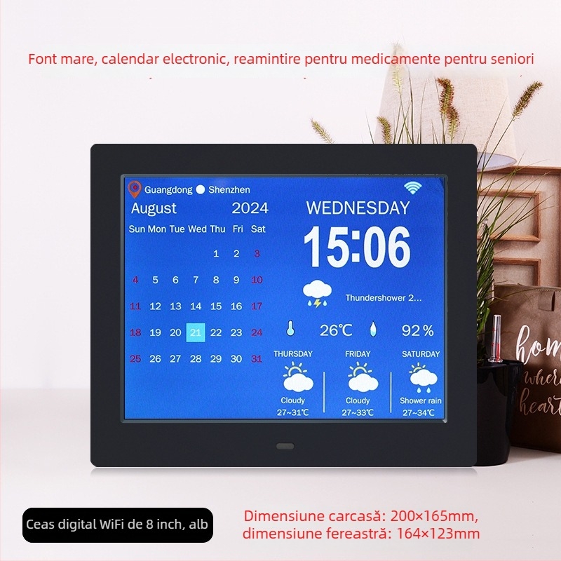 Ceas Digital Inteligent WiFi DPF-808, senzor de temperatură și umiditate, redare video, rezoluție 800x600, suport SD/USB