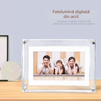 Ramă foto digitală din acrilic, stocare 4GB, suport SD, formate BMP/JPG de imagine, redare muzică și video