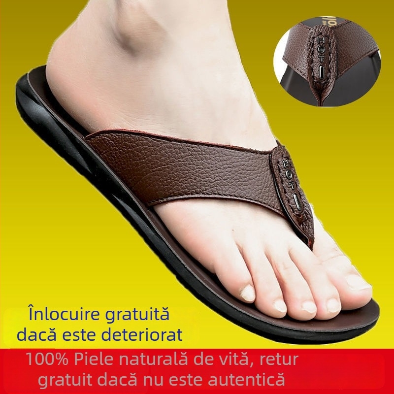 Flip-flops din piele pentru bărbați, respirabile, stil relaxat, talpă antiderapantă