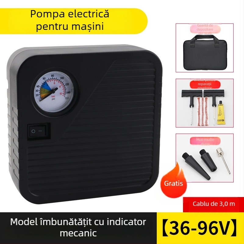 Pompa portabilă de umflat anvelope auto, alimentare pe baterie, 36–96V, 120W, 5A
