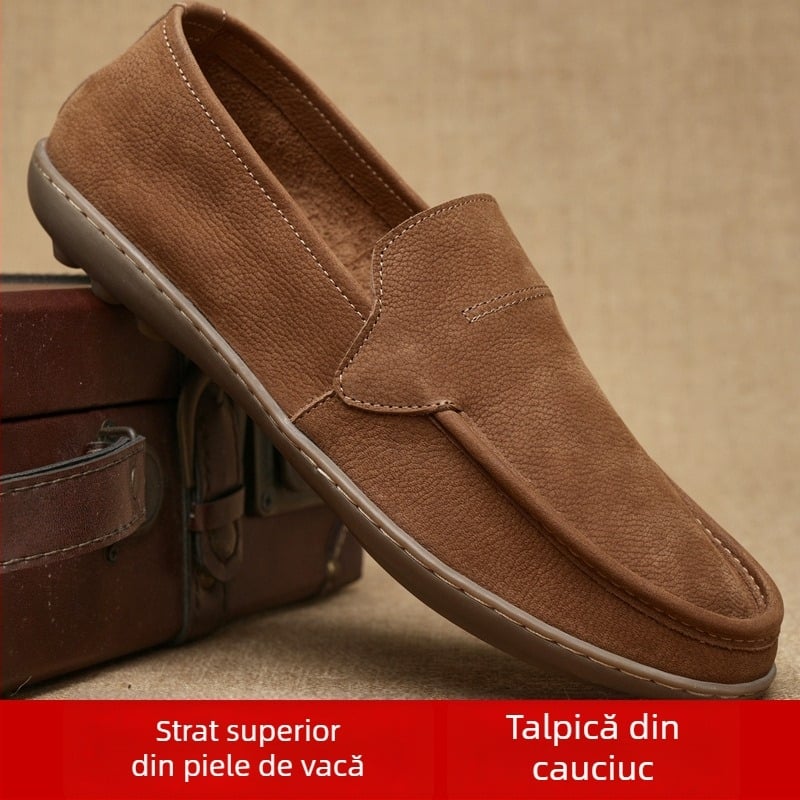 Pantofi loafers casual din piele pentru bărbați, slip-on, vară, respirabili, partea superioară din piele de vacă, talpă din cauciuc, vârf rotund, toc mic de 1–3 cm