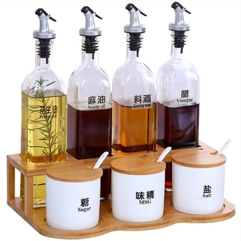 Set ceramic de sticle pentru condimente de bucătărie — sticle pentru ulei, sare, ulei de susan, sos și oțet, cu dopuri automate, stil japonez
