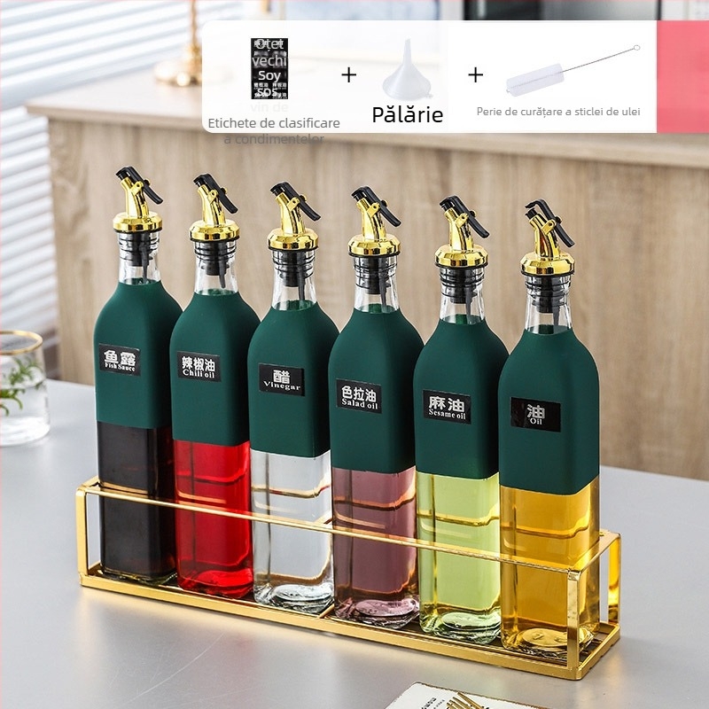 Set ceramic de sticle pentru condimente de bucătărie — sticle pentru ulei, sare, ulei de susan, sos și oțet, cu dopuri automate, stil japonez