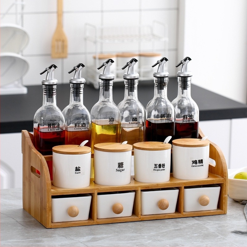 Set ceramic de sticle pentru condimente de bucătărie — sticle pentru ulei, sare, ulei de susan, sos și oțet, cu dopuri automate, stil japonez
