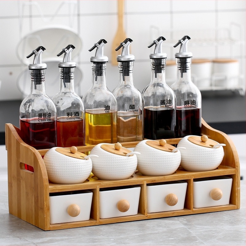 Set ceramic de sticle pentru condimente de bucătărie — sticle pentru ulei, sare, ulei de susan, sos și oțet, cu dopuri automate, stil japonez