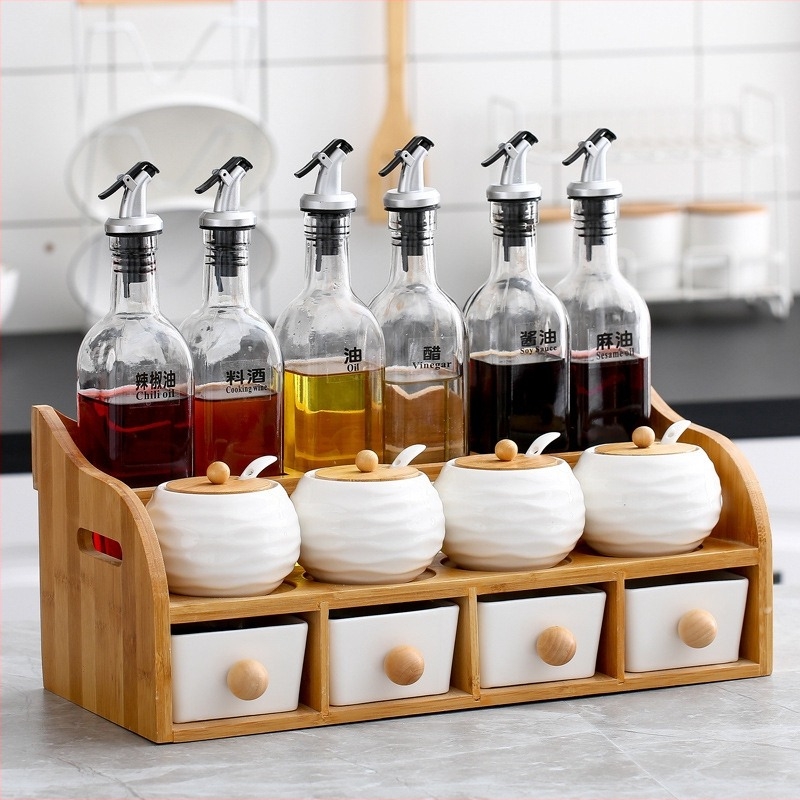 Set ceramic de sticle pentru condimente de bucătărie — sticle pentru ulei, sare, ulei de susan, sos și oțet, cu dopuri automate, stil japonez