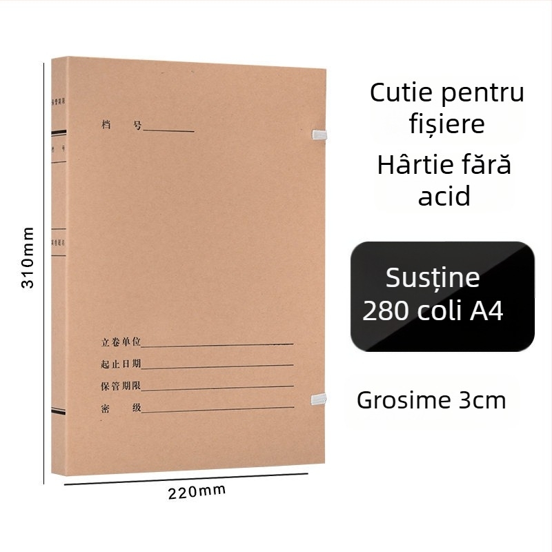 Cutie fișier A4 – Cutie arhivă din hârtie kraft, acid-free, brand Yafei, imprimare logo disponibilă, grosime material 1, lățime spate 40