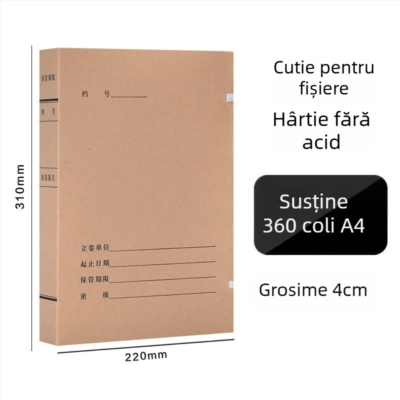 Cutie fișier A4 – Cutie arhivă din hârtie kraft, acid-free, brand Yafei, imprimare logo disponibilă, grosime material 1, lățime spate 40