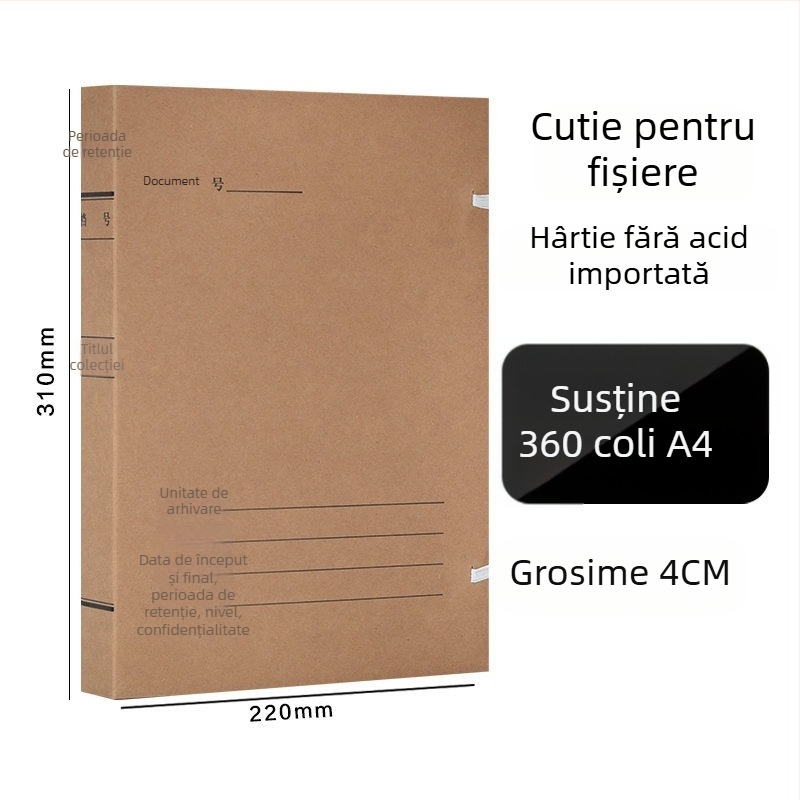 Cutie fișier A4 – Cutie arhivă din hârtie kraft, acid-free, brand Yafei, imprimare logo disponibilă, grosime material 1, lățime spate 40