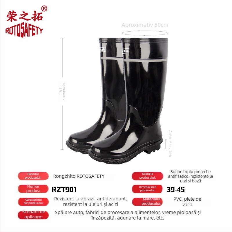 Cizme de ploaie bărbați din cauciuc și plastic, impermeabile, rezistente la ulei, la acizi și la baze, căptușite cu fibre chimice pentru uscare rapidă, înălime medie