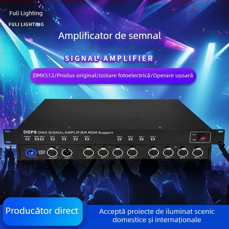 Amplificator/distribuitor DMX pentru iluminat pe scenă MX512 — 4/8 canale, transceiver Beam PAR, brand Fuli