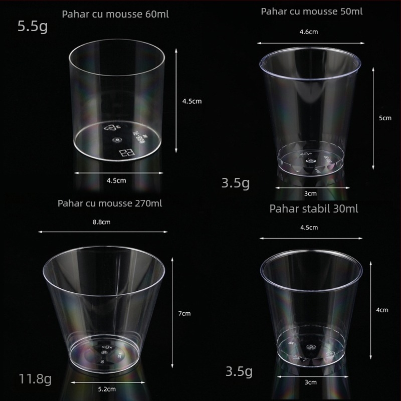 Pahar de desert din PS – Cup mousse de unică folosință pentru înghețată și deserturi, cu ștampilă argintie, fără capac, capacități 50ml 270ml 200ml