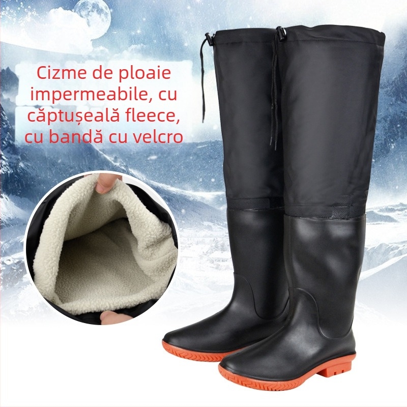 Ghete de pescuit impermeabile, căptușite cu lână artificială și pluș, exterior din plastic și talpă din plastic, înălțime peste genunchi, pentru toamnă și iarnă