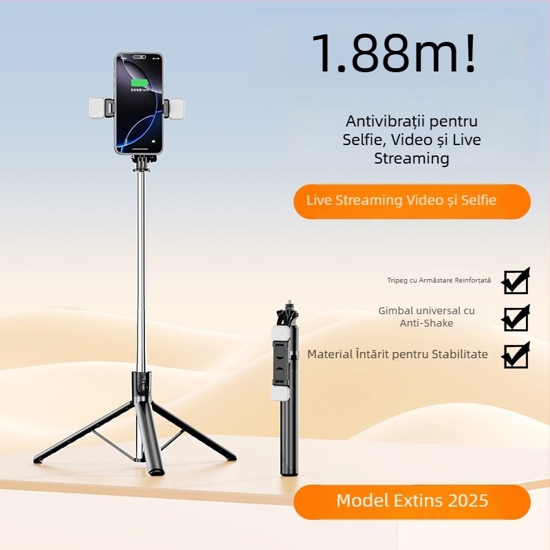 Selfie stick cu trepied de podea integrat (X6 extins) – oțel inoxidabil + ABS, telecomandă Bluetooth, stabilizare a imaginii, personalizabil
