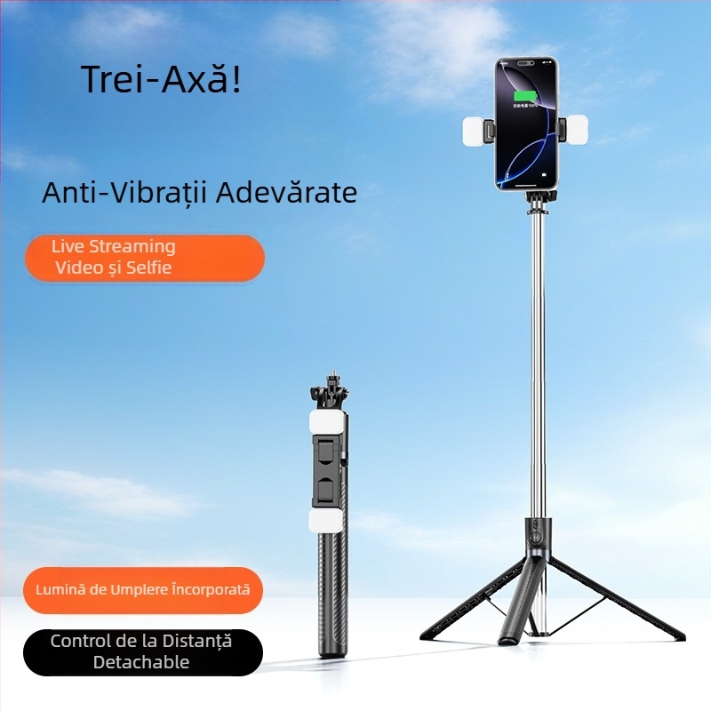 Selfie stick cu trepied de podea integrat (X6 extins) – oțel inoxidabil + ABS, telecomandă Bluetooth, stabilizare a imaginii, personalizabil