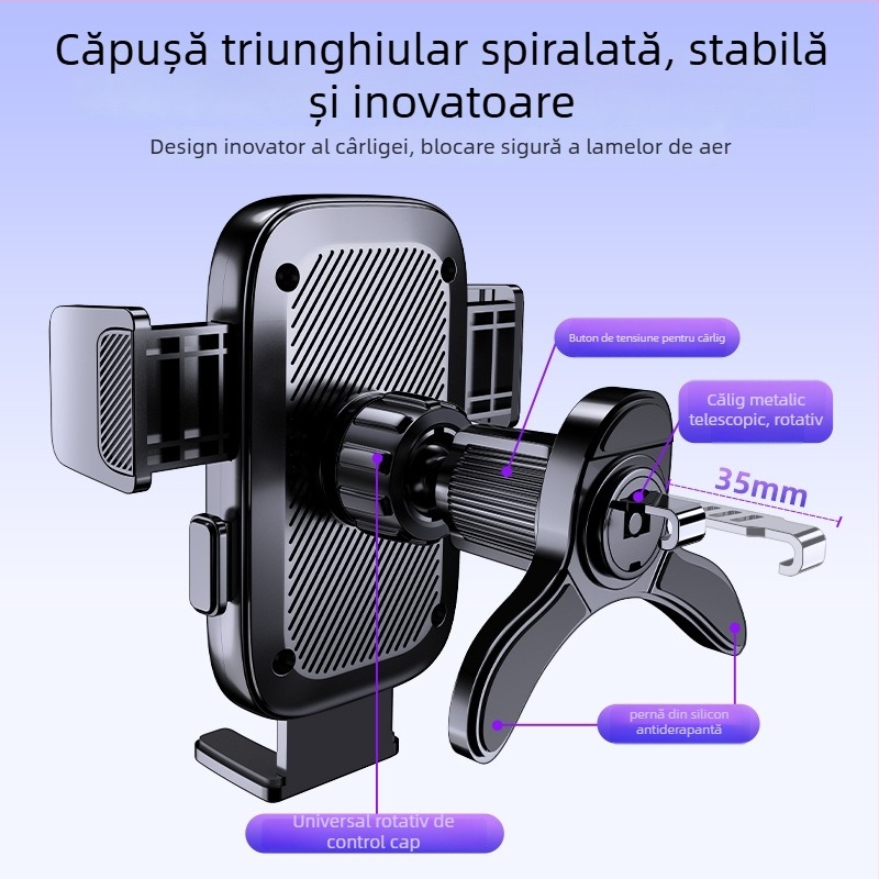 Mo jile Suport pentru telefon în mașină - Montaj Snap-on pe conducta de ventilație, Compatibilitate universală, Fără alimentare