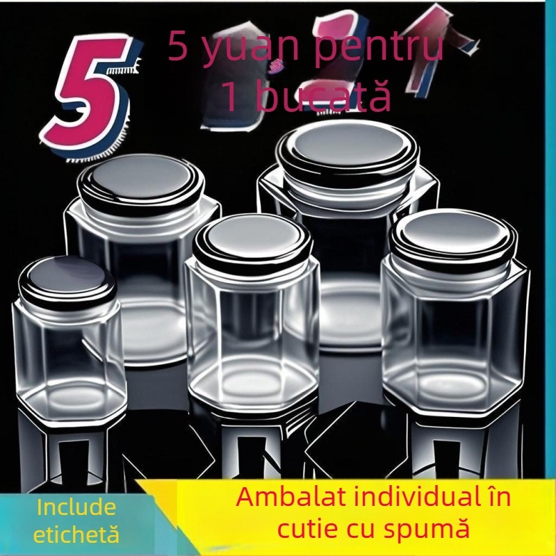 Borcan hexagonal din sticlă sigilat, de înaltă calitate, cu capac, pentru miere, sos de ardei și dulceață de lămâie