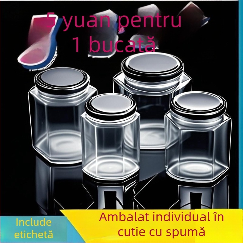 Borcan hexagonal din sticlă sigilat, de înaltă calitate, cu capac, pentru miere, sos de ardei și dulceață de lămâie