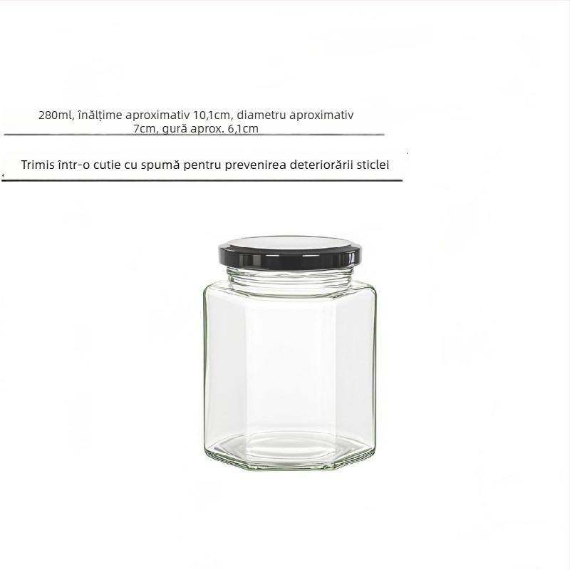Borcan hexagonal din sticlă sigilat, de înaltă calitate, cu capac, pentru miere, sos de ardei și dulceață de lămâie