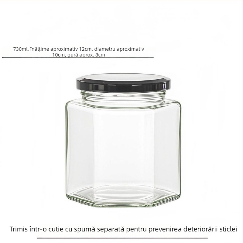 Borcan hexagonal din sticlă sigilat, de înaltă calitate, cu capac, pentru miere, sos de ardei și dulceață de lămâie