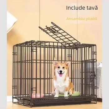 Cușcă pliabilă pentru câini cu toaletă – din sârmă groasă