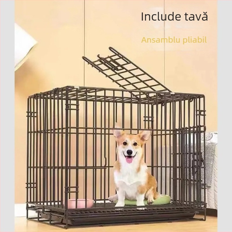 Cușcă pliabilă pentru câini cu toaletă – din sârmă groasă