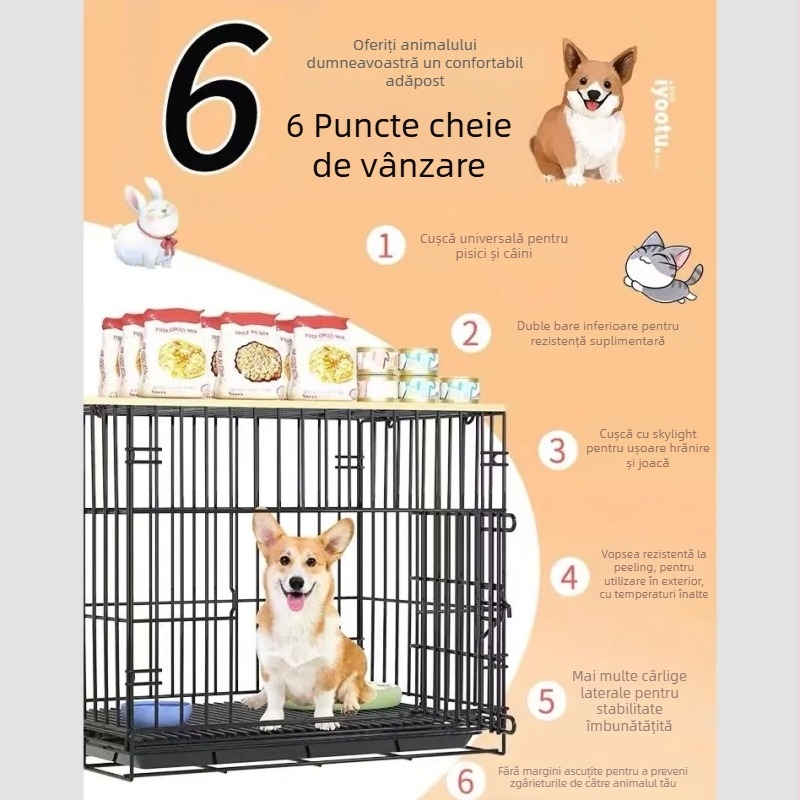 Cușcă pliabilă pentru câini cu toaletă – din sârmă groasă