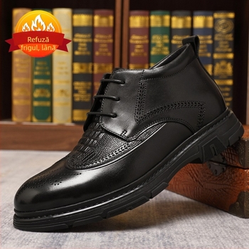 Ghete bărbați din piele, stil brogue, înalți, talpă din cauciuc antiderapant, încălzite pentru iarnă